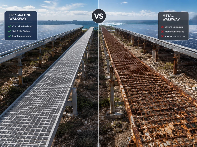 Waarom FRP-roosters het beste materiaal zijn voor PV O&M-looppaden (FRP-zonnerooster versus metaal)
