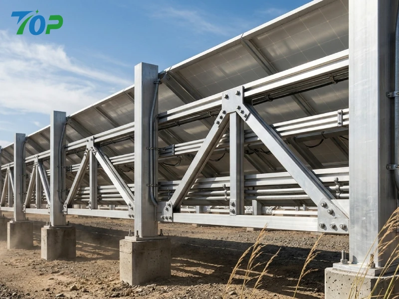 low angle view of PV fence showing structural load transfer through posts and bracing
